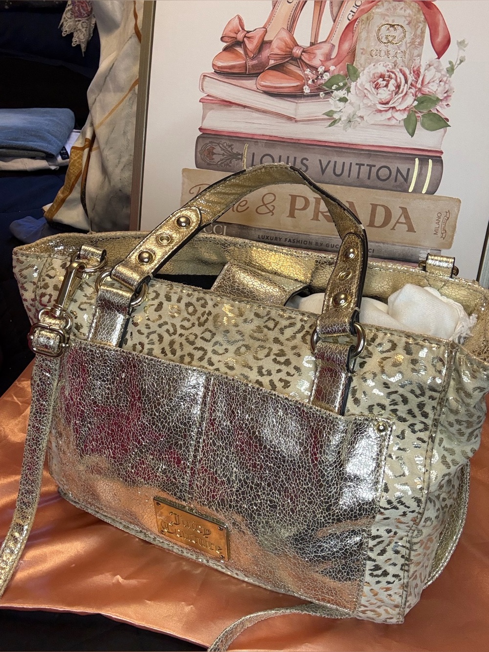 Juicy Couture Metallic Leopard Print Satchel / Shoulder Bag